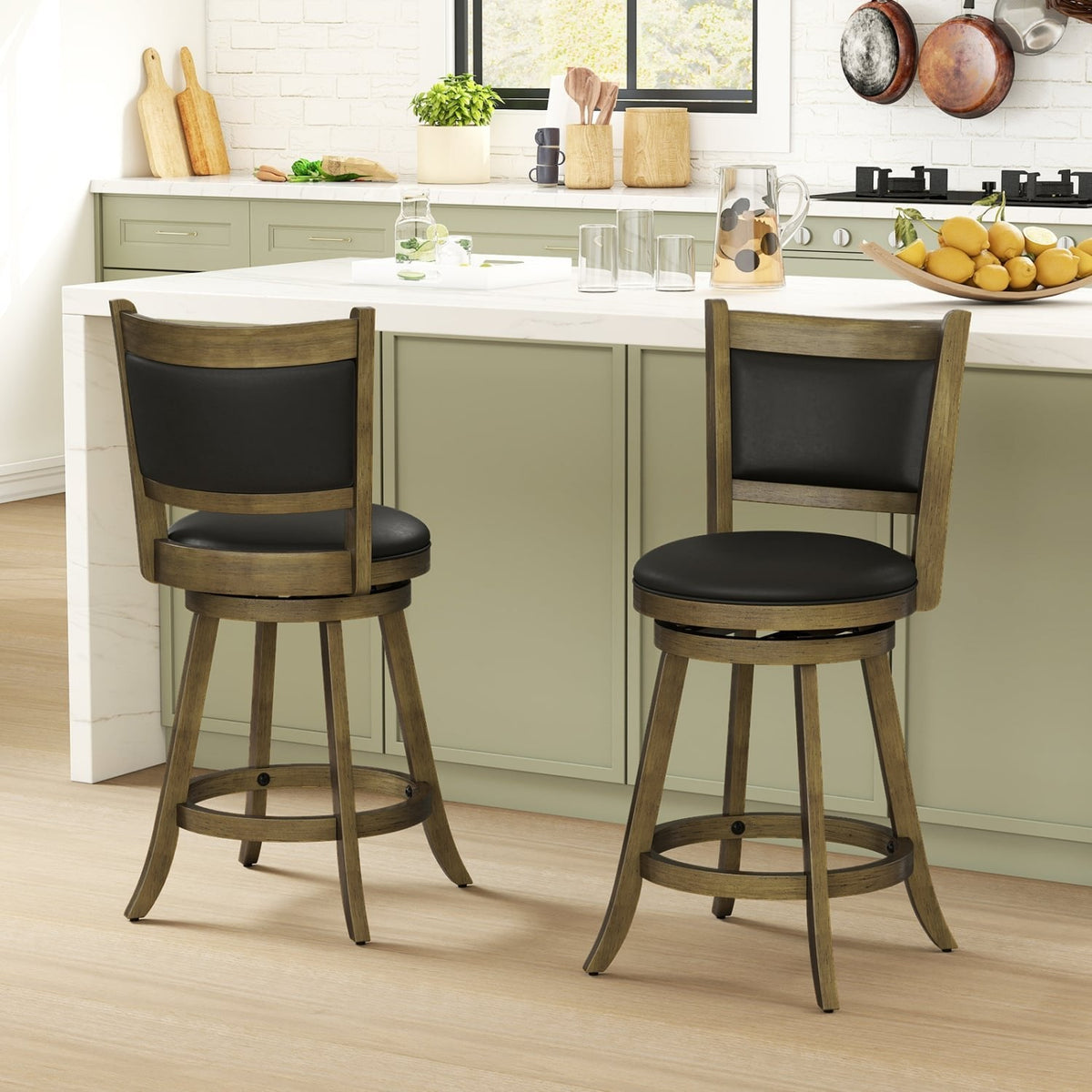 Set of 2 Grey Wash Swivel Counter Stools with Padded Back, 24 Inch Seat Height, 290 lb Rating