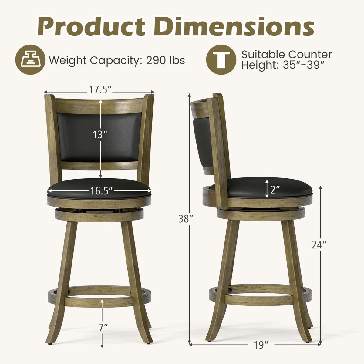 Set of 2 Grey Wash Swivel Counter Stools with Padded Back, 24 Inch Seat Height, 290 lb Rating