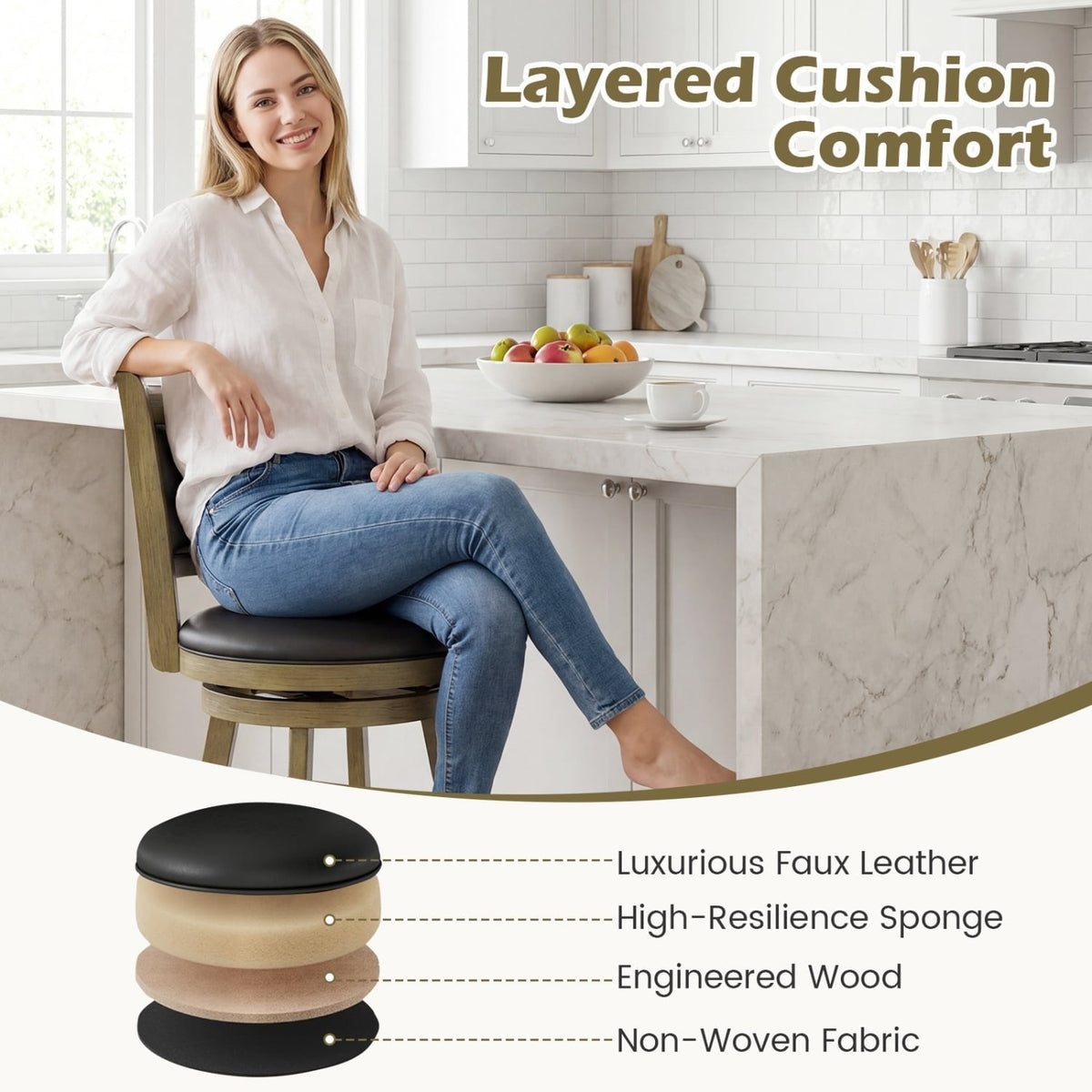 Set of 2 Grey Wash Swivel Counter Stools with Padded Back, 24 Inch Seat Height, 290 lb Rating