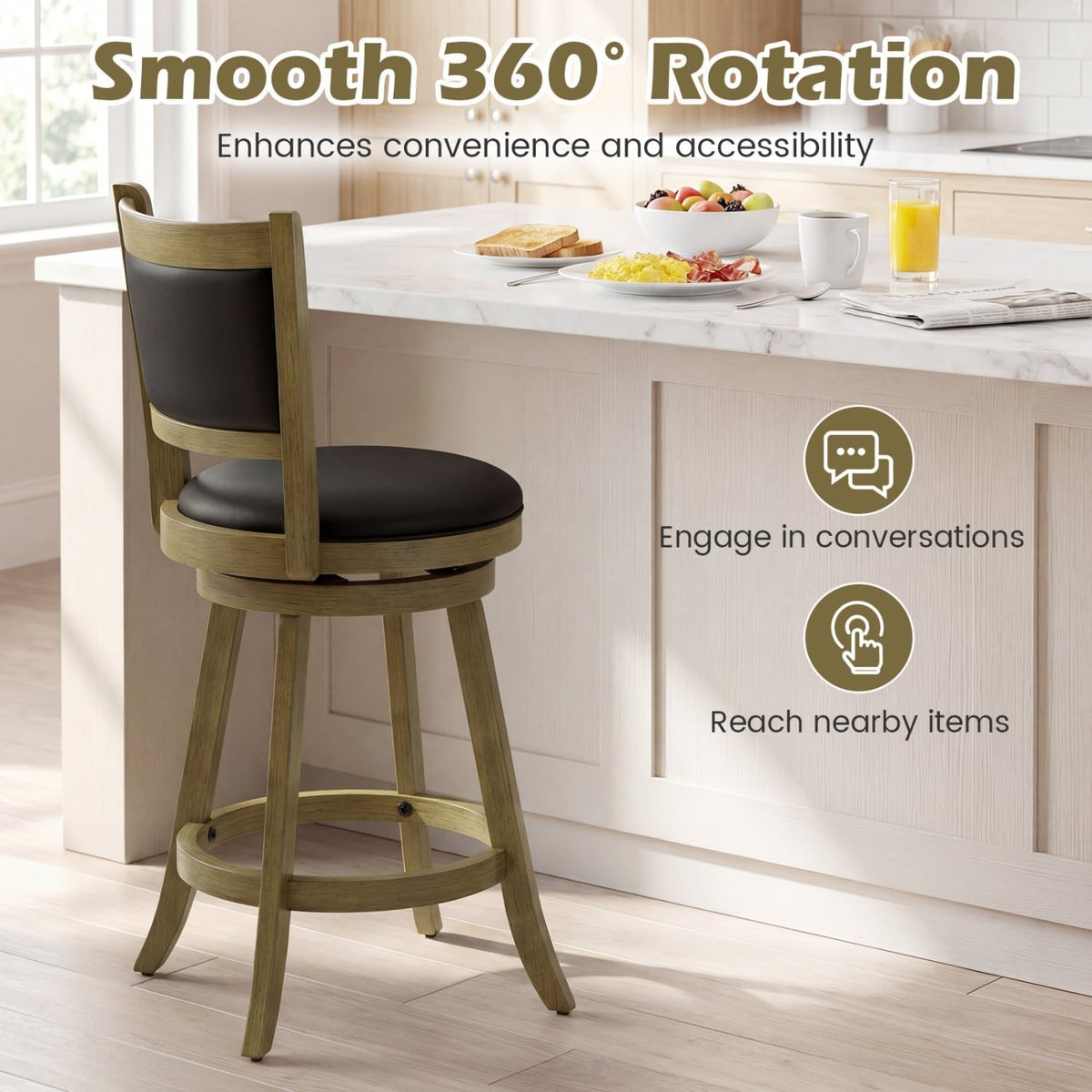 Set of 2 Grey Wash Swivel Counter Stools with Padded Back, 24 Inch Seat Height, 290 lb Rating