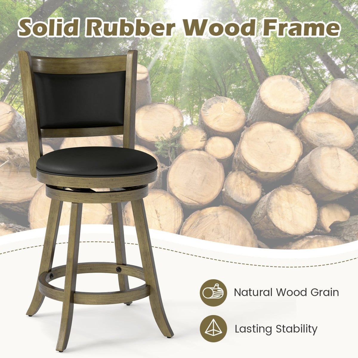 Set of 2 Grey Wash Swivel Counter Stools with Padded Back, 24 Inch Seat Height, 290 lb Rating