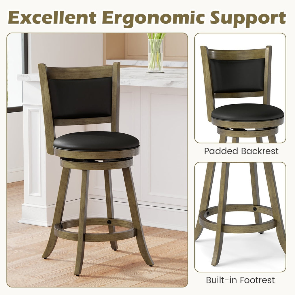 Set of 2 Grey Wash Swivel Counter Stools with Padded Back, 24 Inch Seat Height, 290 lb Rating
