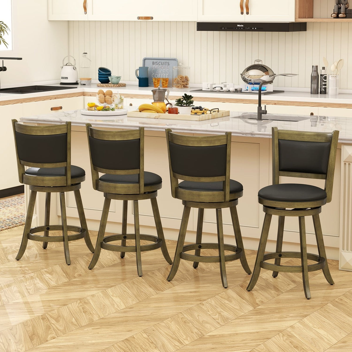 Set of 2 Grey Wash Swivel Counter Stools with Padded Back, 24 Inch Seat Height, 290 lb Rating