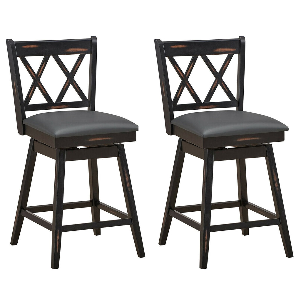 Set of 2 Swivel Counter Stools with X Shaped Back, Dark Rubber Wood, 25 Inch Seat Height