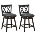 Set of 2 Swivel Counter Stools with X Shaped Back, Dark Rubber Wood, 25 Inch Seat Height