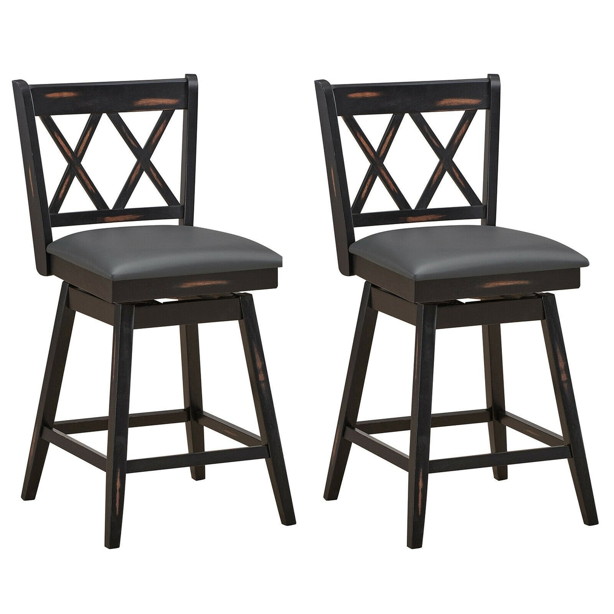 Set of 2 Swivel Counter Stools with X Shaped Back, Dark Rubber Wood, 25 Inch Seat Height