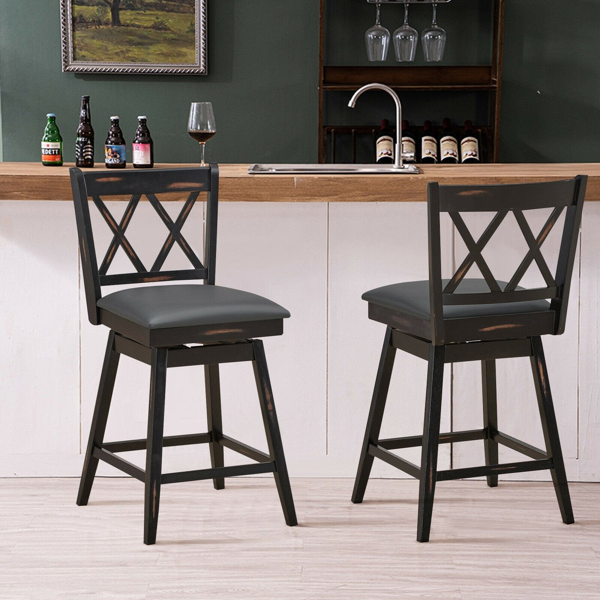 Set of 2 Swivel Counter Stools with X Shaped Back, Dark Rubber Wood, 25 Inch Seat Height