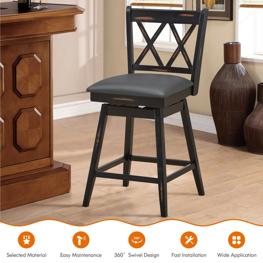 Set of 2 Swivel Counter Stools with X Shaped Back, Dark Rubber Wood, 25 Inch Seat Height