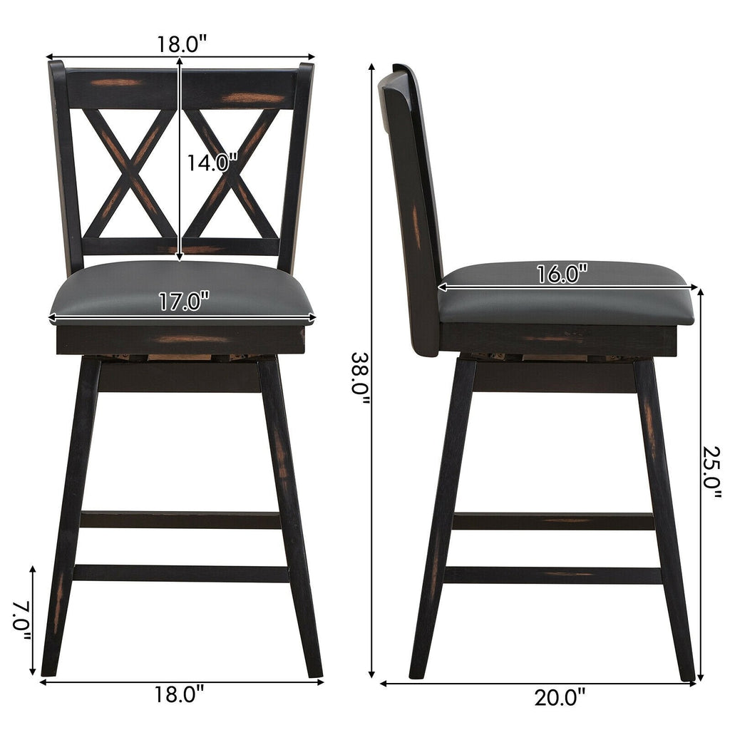 Set of 2 Swivel Counter Stools with X Shaped Back, Dark Rubber Wood, 25 Inch Seat Height