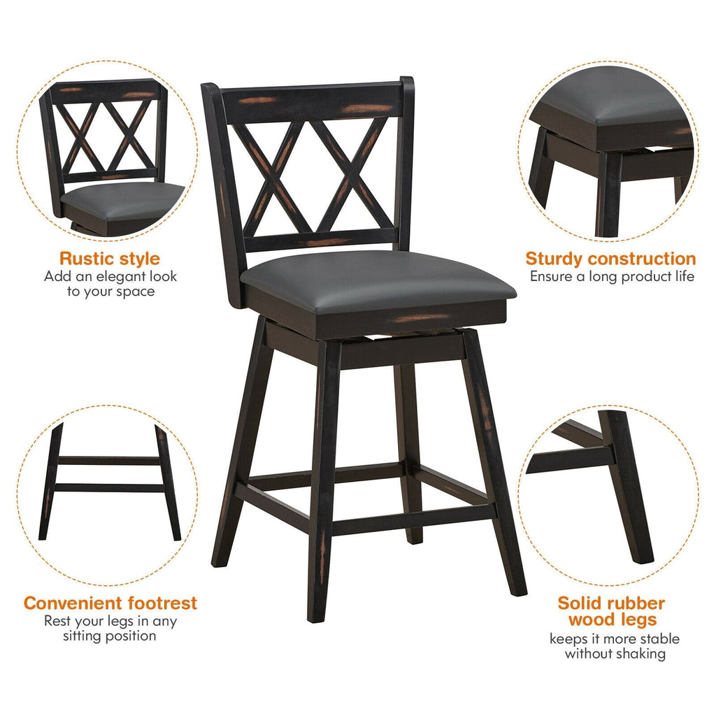 Set of 2 Swivel Counter Stools with X Shaped Back, Dark Rubber Wood, 25 Inch Seat Height