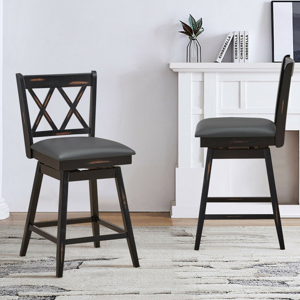 Set of 2 Swivel Counter Stools with X Shaped Back, Dark Rubber Wood, 25 Inch Seat Height
