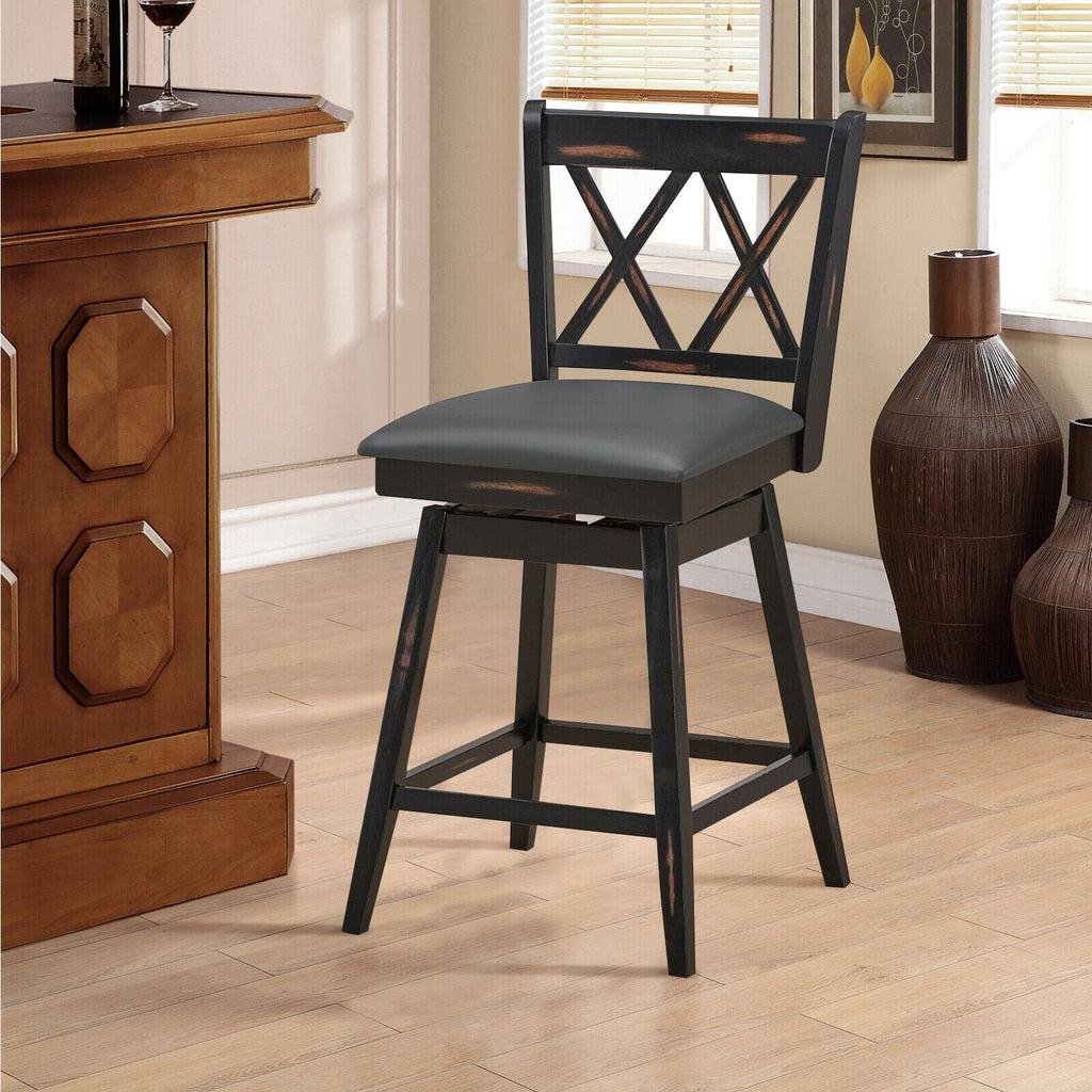 Set of 2 Swivel Counter Stools with X Shaped Back, Dark Rubber Wood, 25 Inch Seat Height