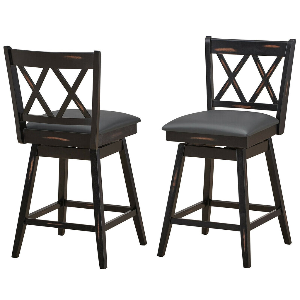 Set of 2 Swivel Counter Stools with X Shaped Back, Dark Rubber Wood, 25 Inch Seat Height