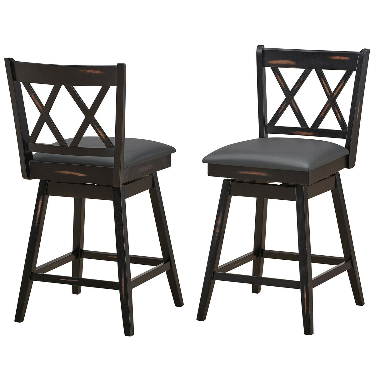 Set of 2 Swivel Counter Stools with X Shaped Back, Dark Rubber Wood, 25 Inch Seat Height