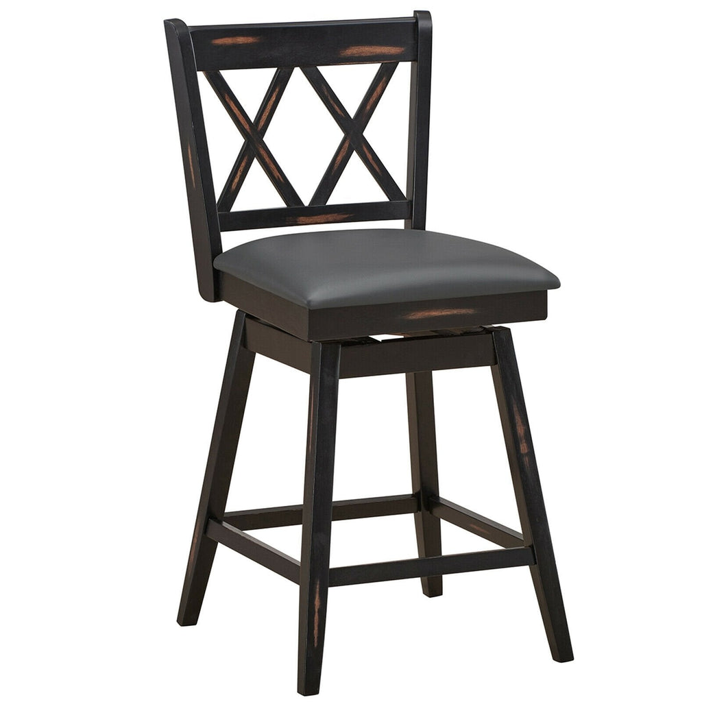 Set of 2 Swivel Counter Stools with X Shaped Back, Dark Rubber Wood, 25 Inch Seat Height