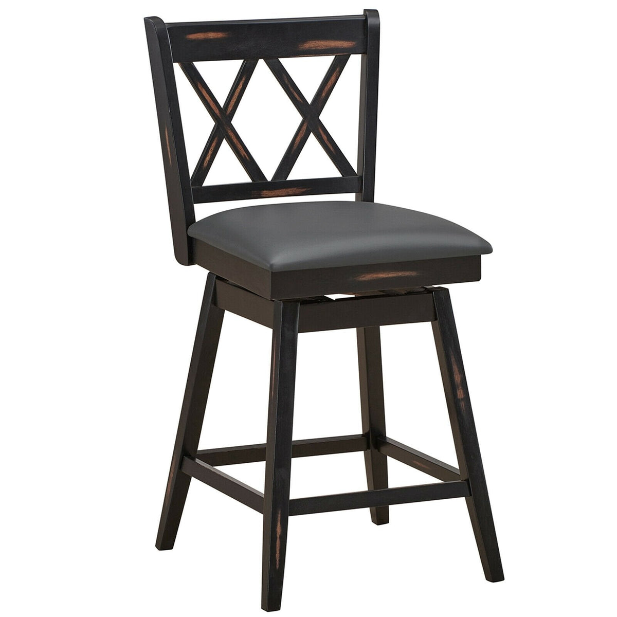 Set of 2 Swivel Counter Stools with X Shaped Back, Dark Rubber Wood, 25 Inch Seat Height