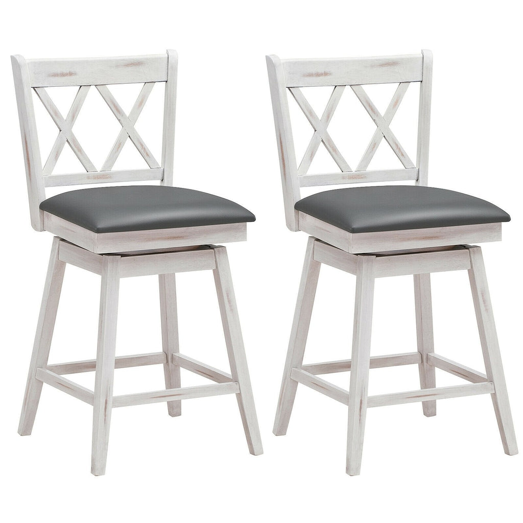 Set of 2 Antique White Swivel Counter Stools with X Back, 25 Inch Seat Height, Grey Padded Seat