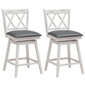 Set of 2 Antique White Swivel Counter Stools with X Back, 25 Inch Seat Height, Grey Padded Seat
