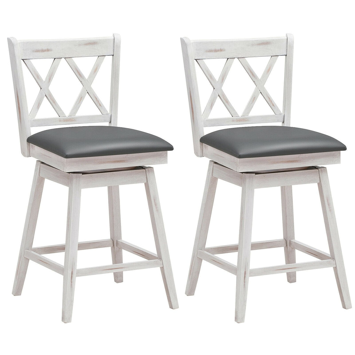 Set of 2 Antique White Swivel Counter Stools with X Back, 25 Inch Seat Height, Grey Padded Seat