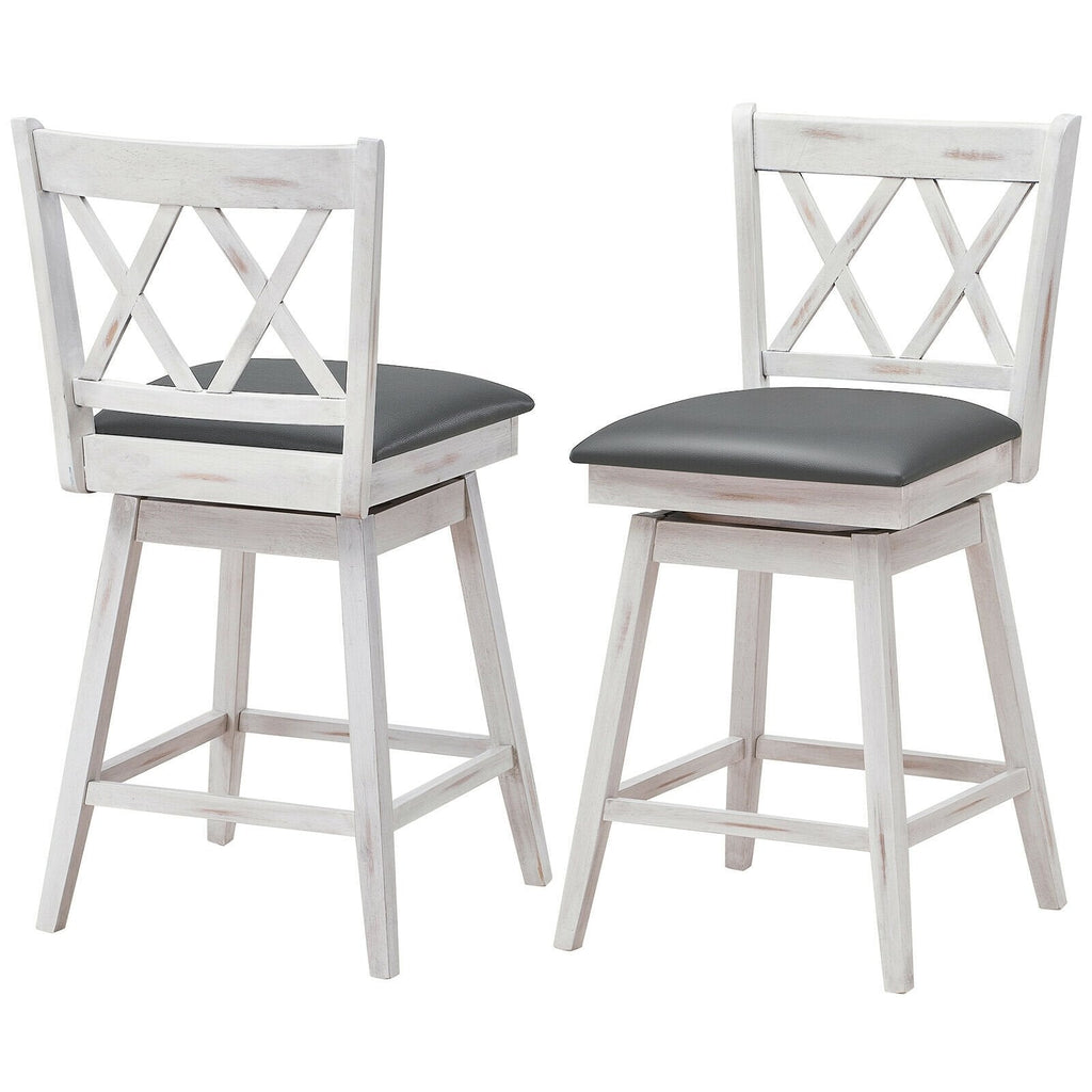 Set of 2 Antique White Swivel Counter Stools with X Back, 25 Inch Seat Height, Grey Padded Seat