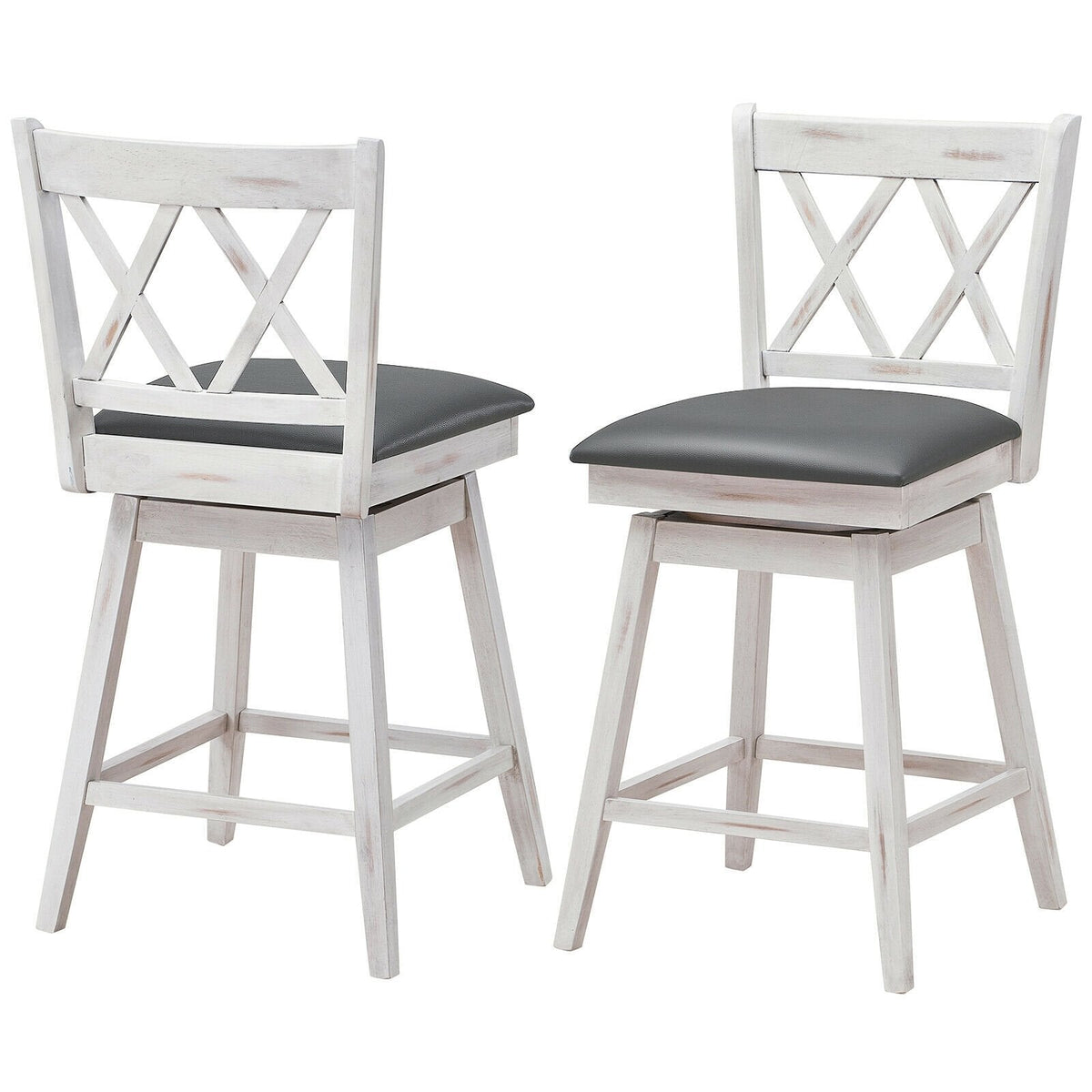Set of 2 Antique White Swivel Counter Stools with X Back, 25 Inch Seat Height, Grey Padded Seat