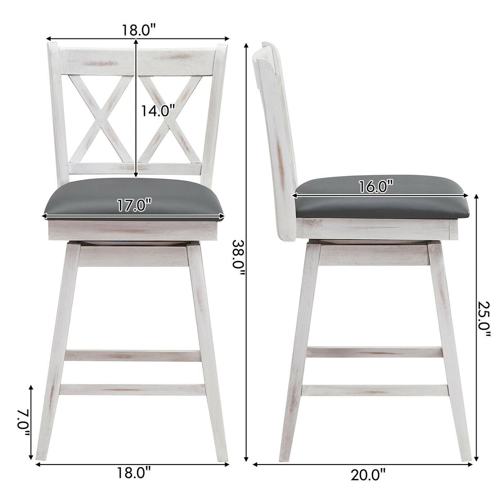 Set of 2 Antique White Swivel Counter Stools with X Back, 25 Inch Seat Height, Grey Padded Seat