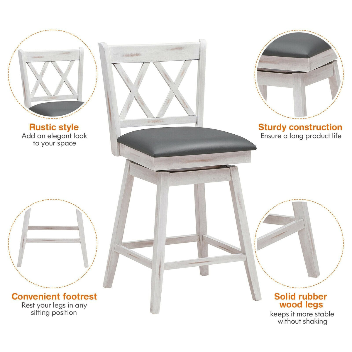 Set of 2 Antique White Swivel Counter Stools with X Back, 25 Inch Seat Height, Grey Padded Seat