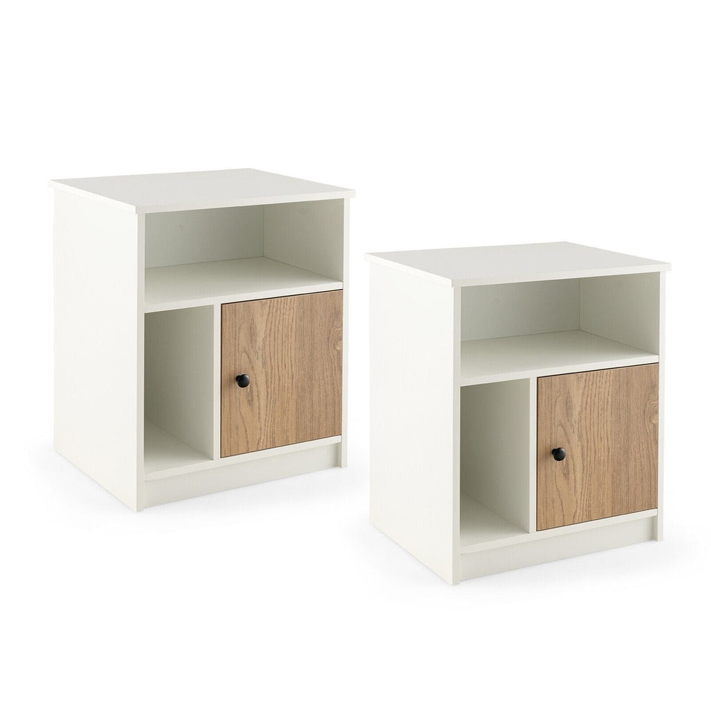 2 Piece 25 Inch Tall Nightstands with Door and 2 Open Shelves, White