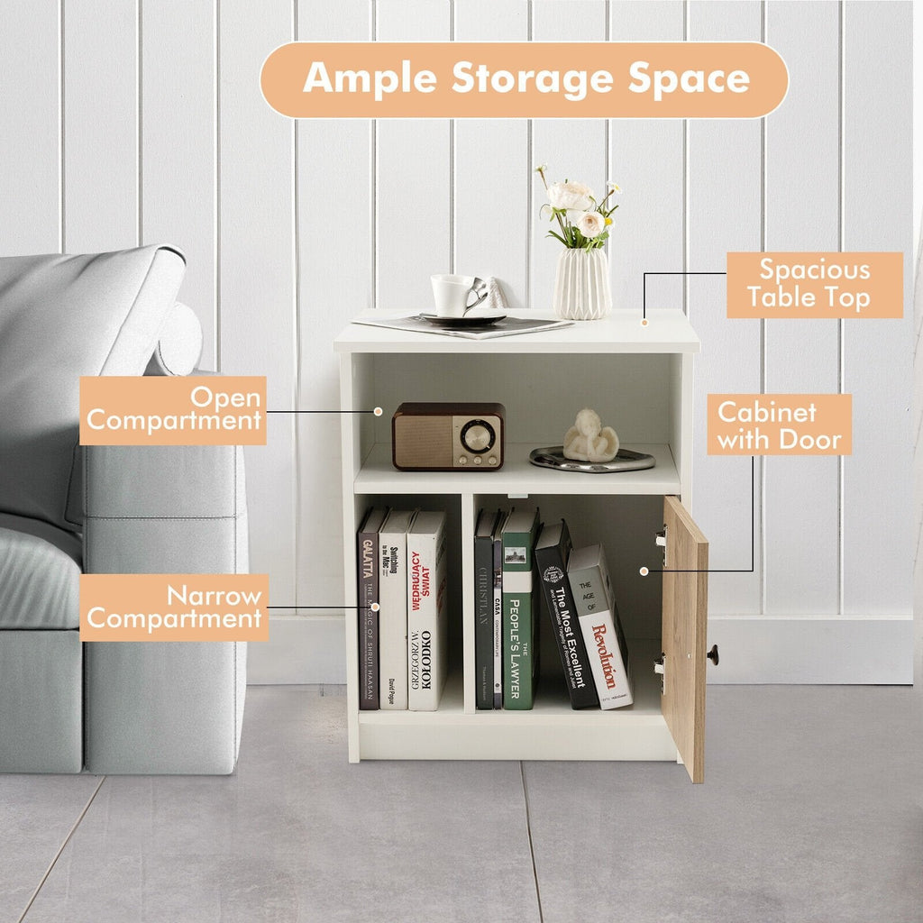 2 Piece 25 Inch Tall Nightstands with Door and 2 Open Shelves, White