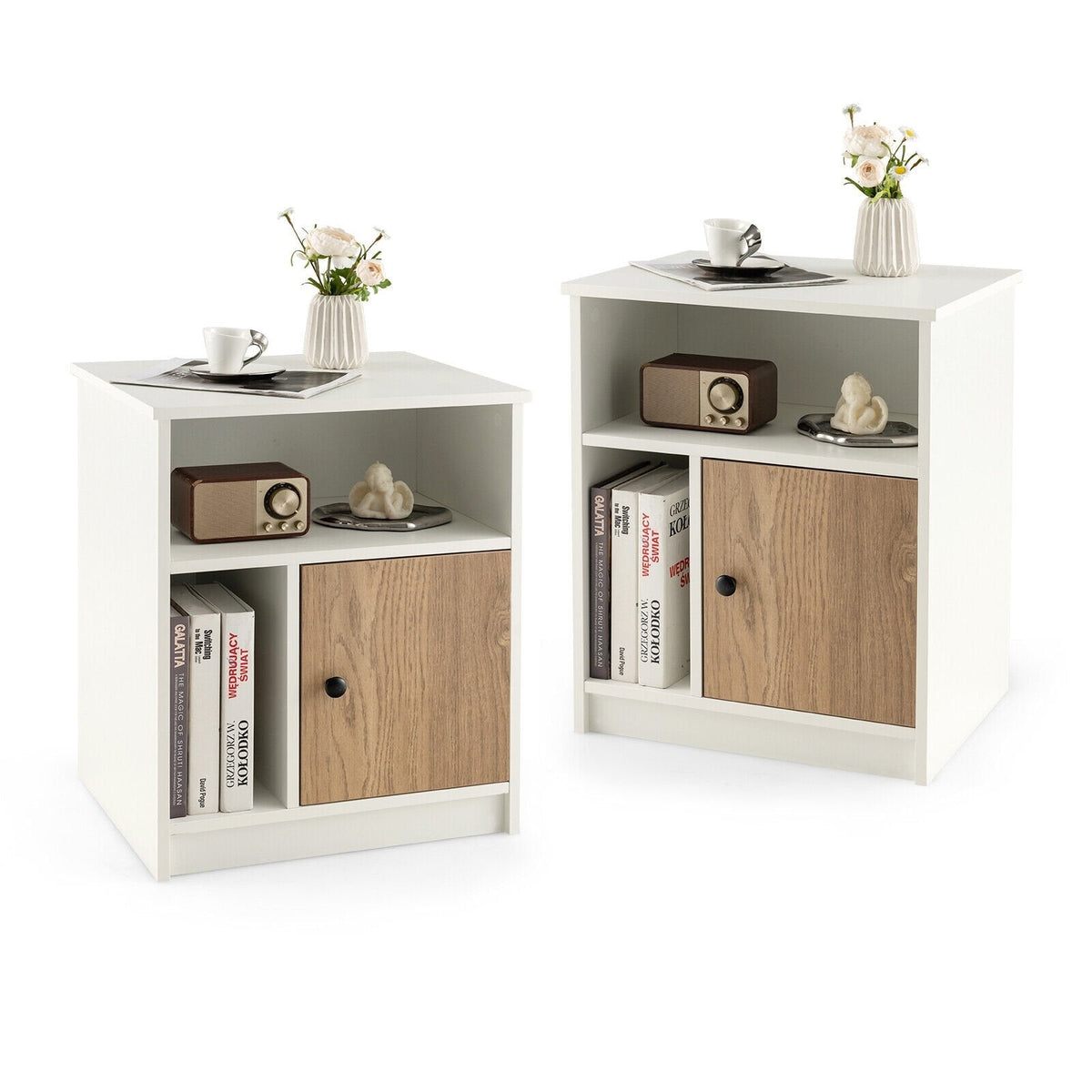 2 Piece 25 Inch Tall Nightstands with Door and 2 Open Shelves, White