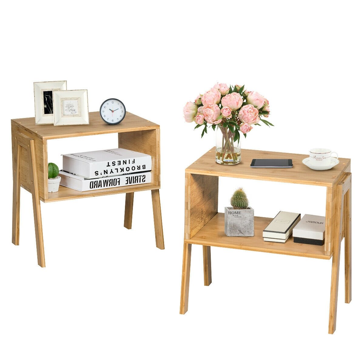 Set of 2 Stackable Bamboo Nightstands with Open Storage Compartment
