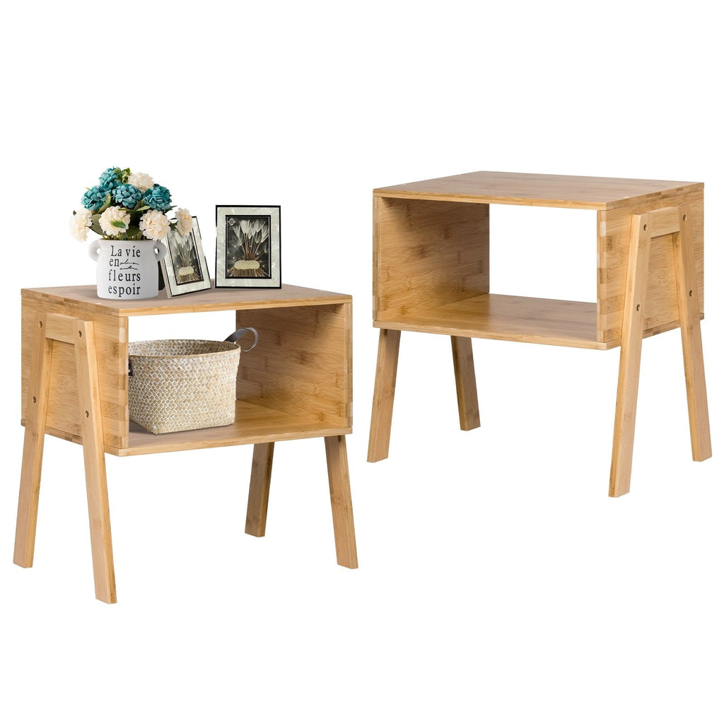 Set of 2 Stackable Bamboo Nightstands with Open Storage Compartment