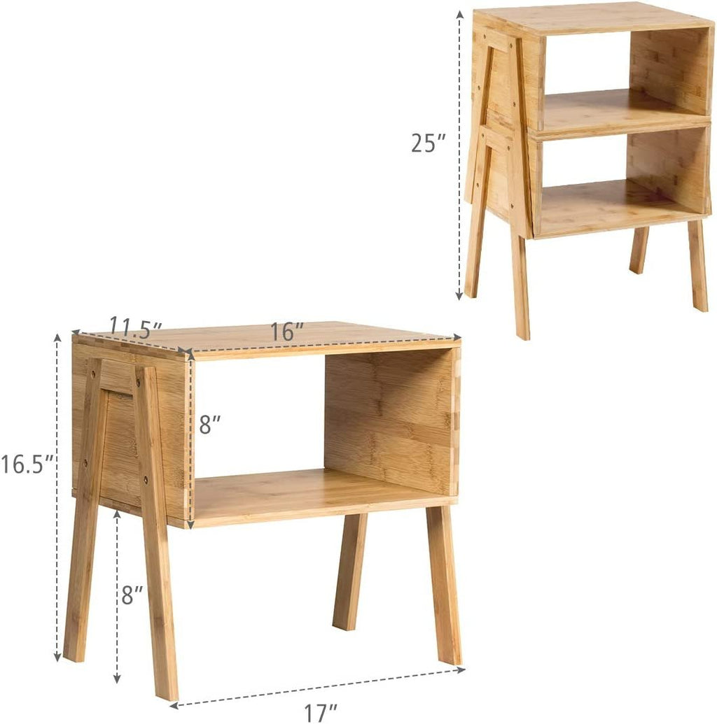 Set of 2 Stackable Bamboo Nightstands with Open Storage Compartment