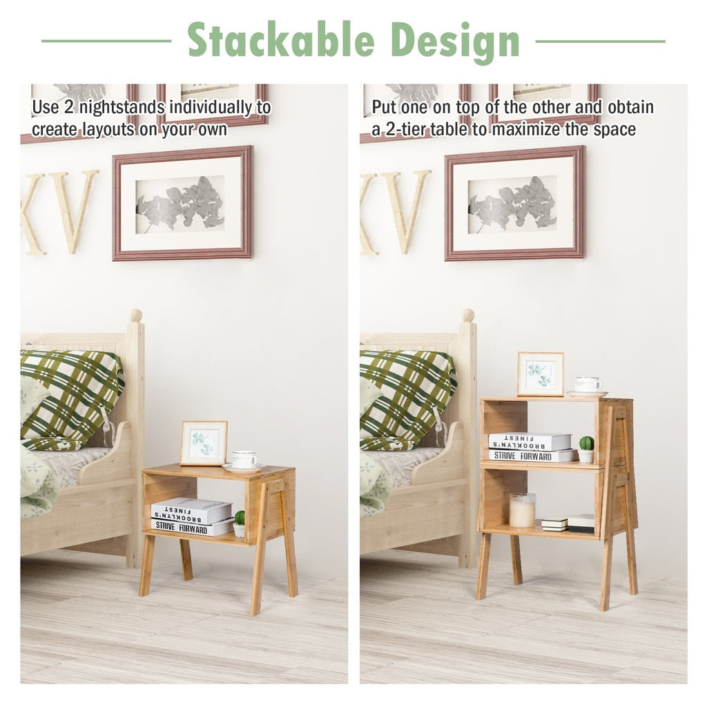 Set of 2 Stackable Bamboo Nightstands with Open Storage Compartment