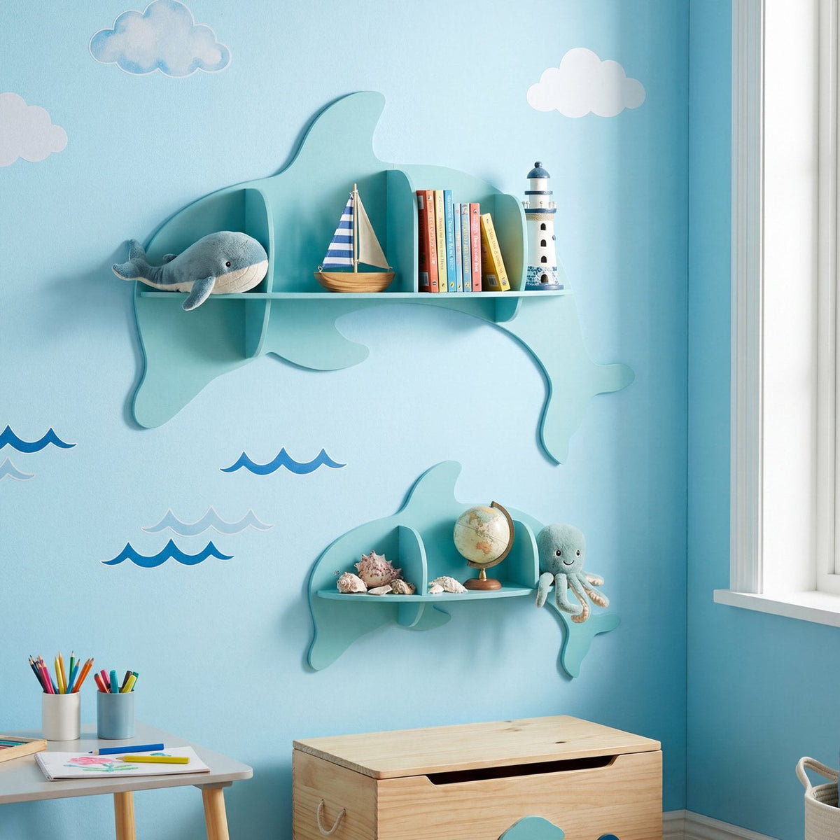 Floating Dolphin Shelves Wall Mounted Storage Display Rack-Blue
