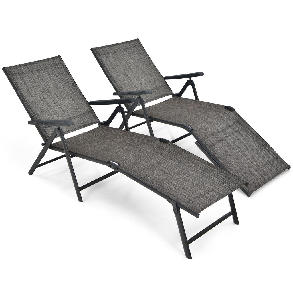 Set of 2 Folding Sling Chaise Lounges with Tri Fold Frames, Gray