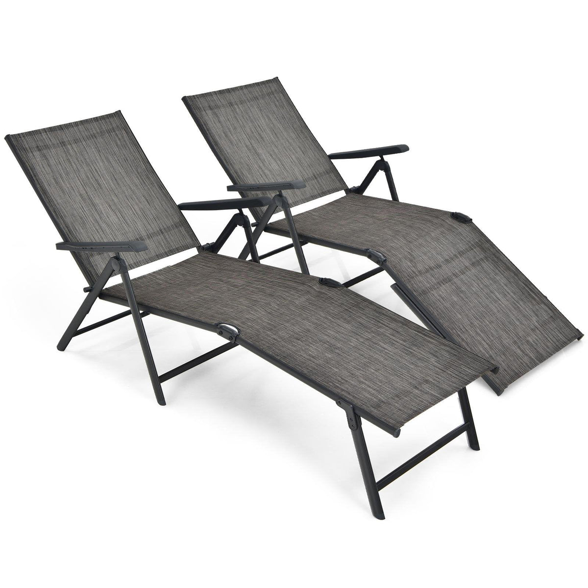 Set of 2 Folding Sling Chaise Lounges with Tri Fold Frames, Gray