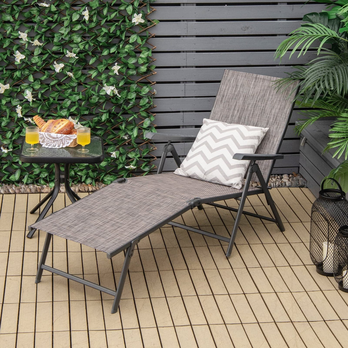 Set of 2 Folding Sling Chaise Lounges with Tri Fold Frames, Gray