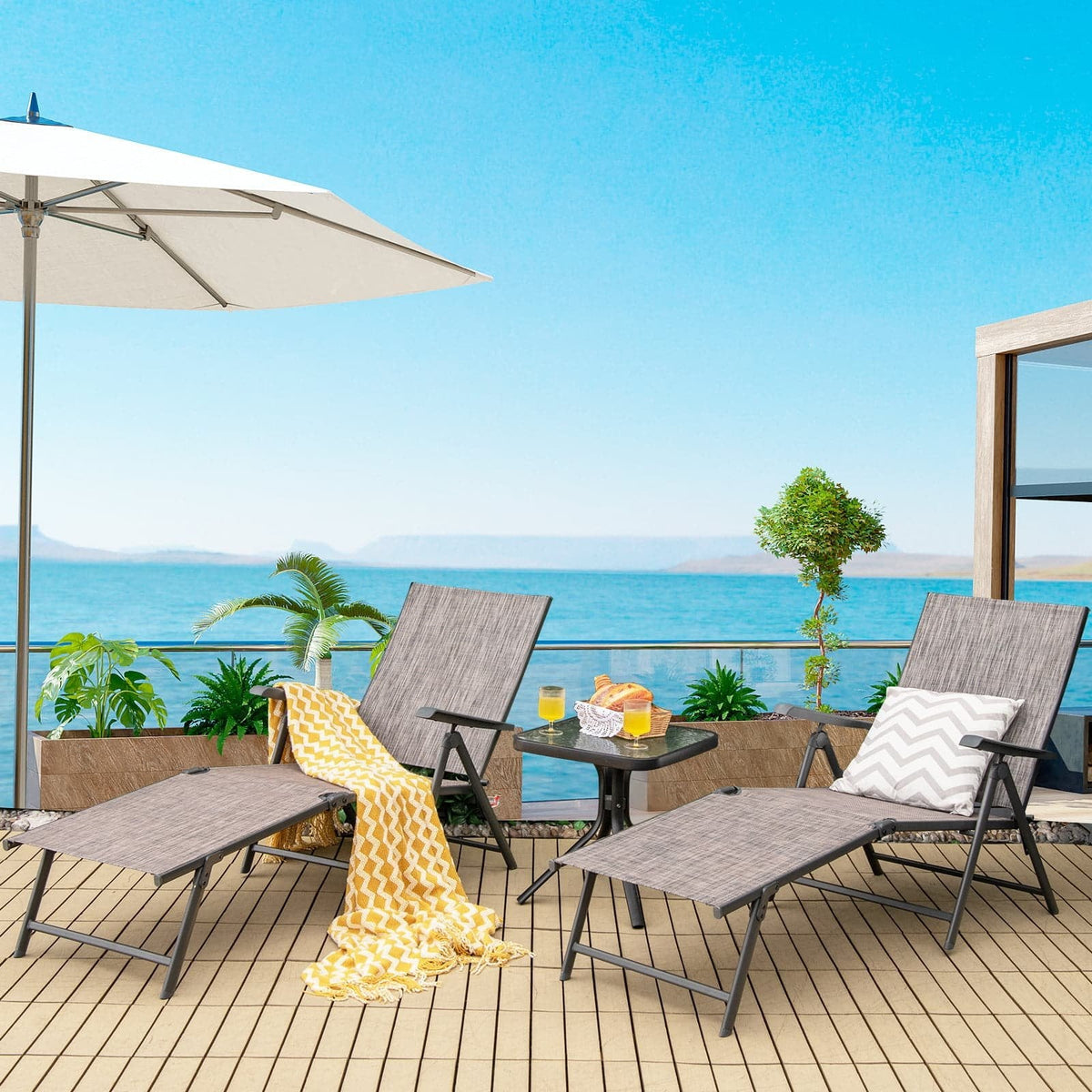 Set of 2 Folding Sling Chaise Lounges with Tri Fold Frames, Gray