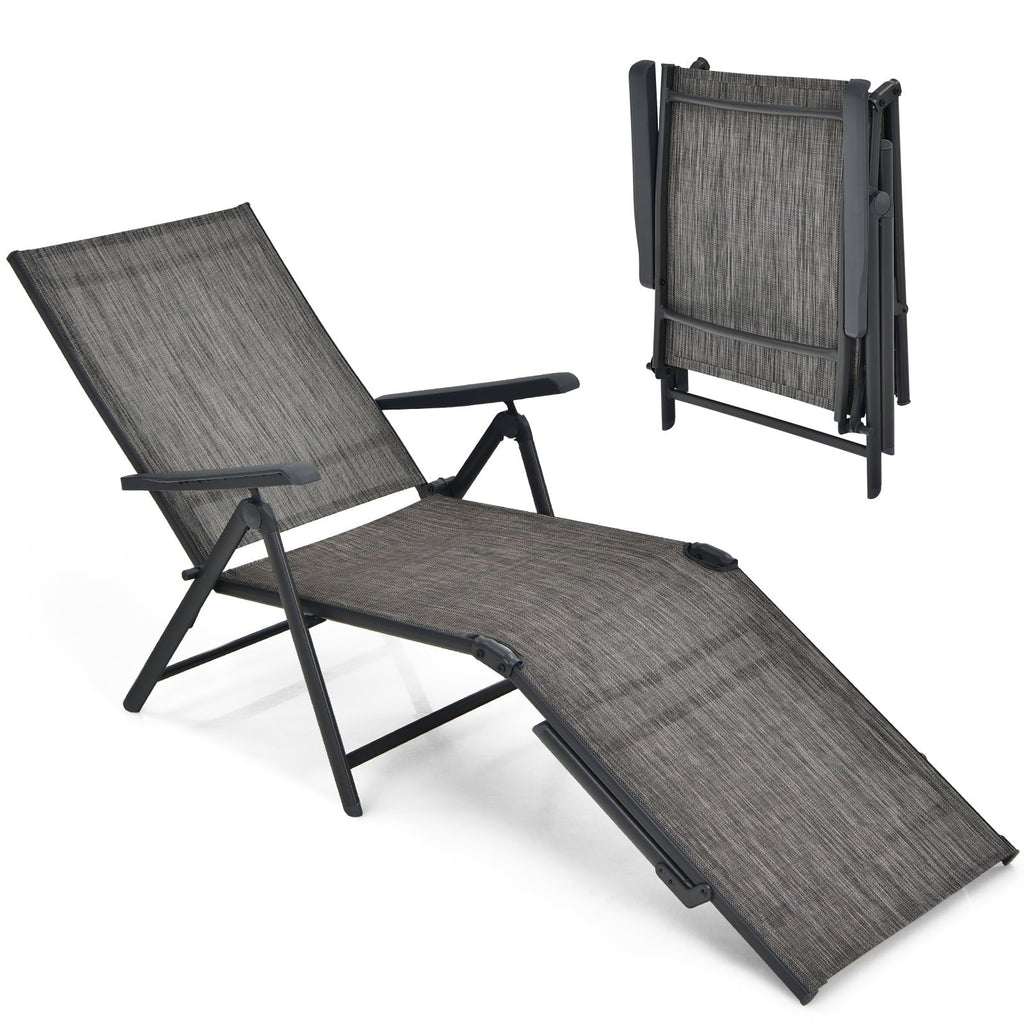 Set of 2 Folding Sling Chaise Lounges with Tri Fold Frames, Gray