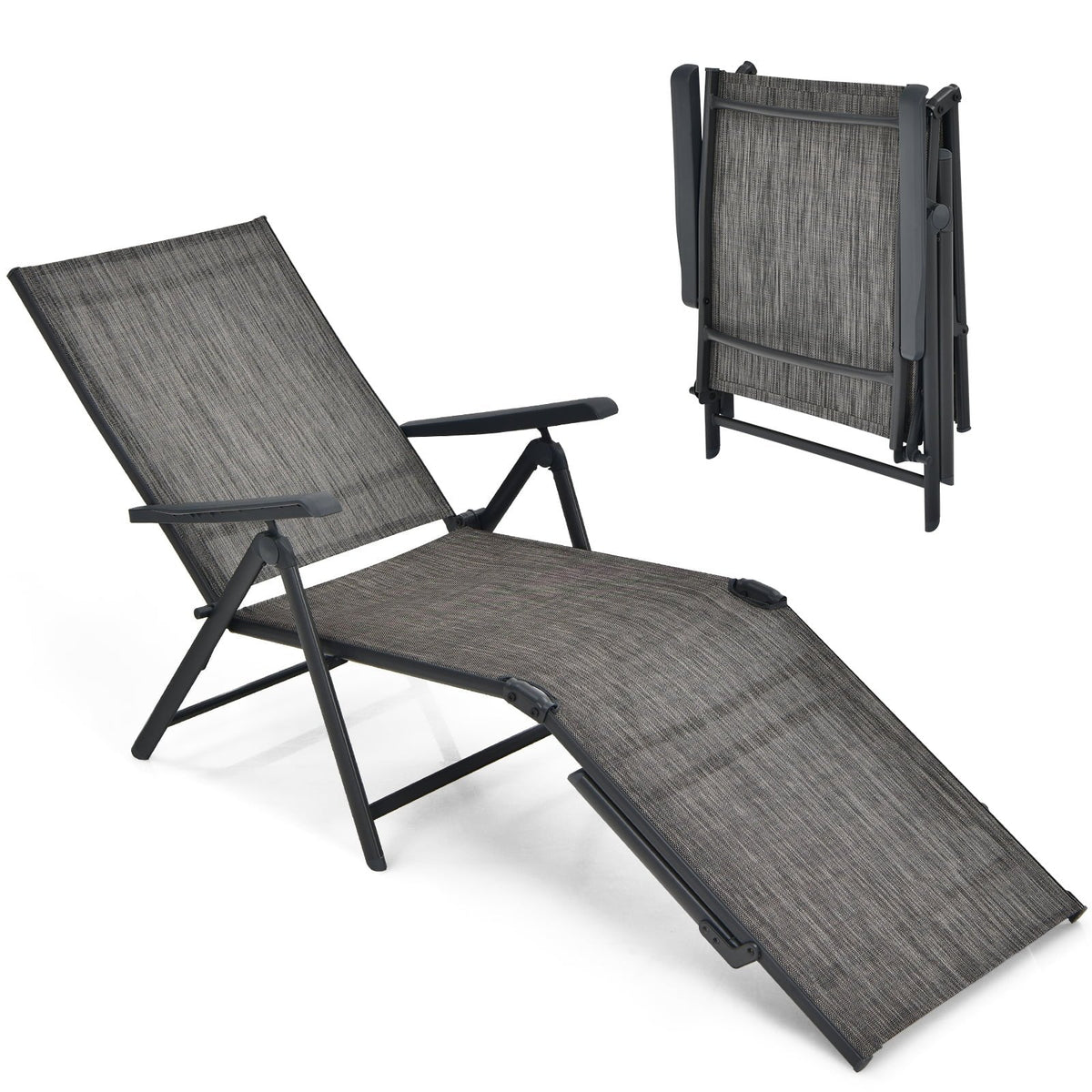 Set of 2 Folding Sling Chaise Lounges with Tri Fold Frames, Gray