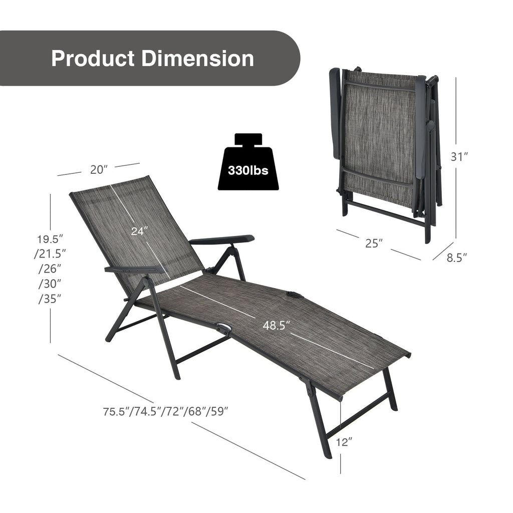 Set of 2 Folding Sling Chaise Lounges with Tri Fold Frames, Gray