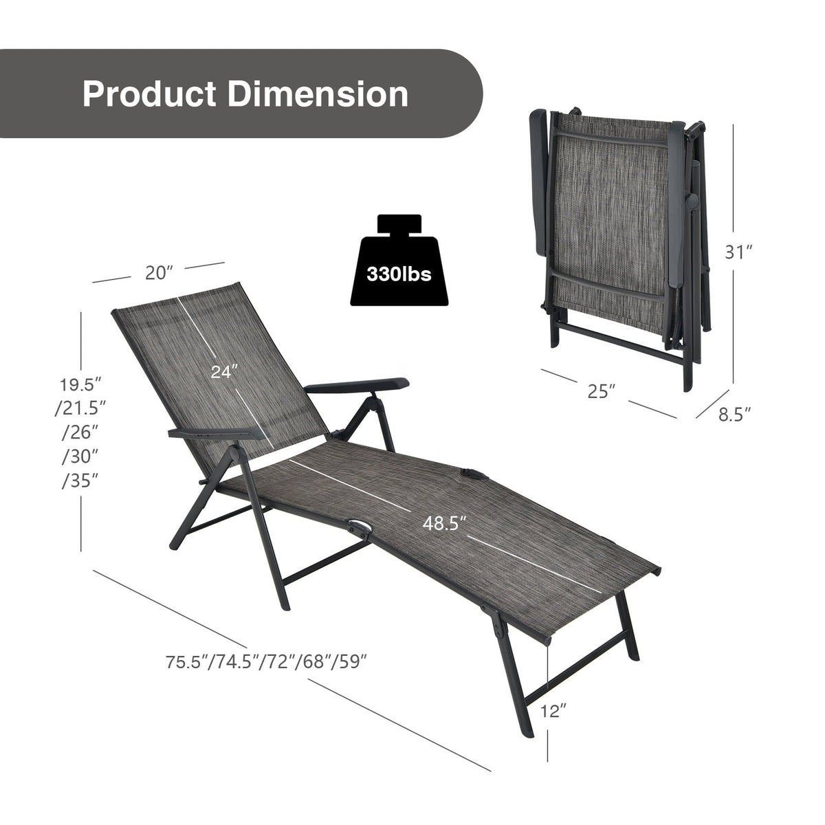 Set of 2 Folding Sling Chaise Lounges with Tri Fold Frames, Gray