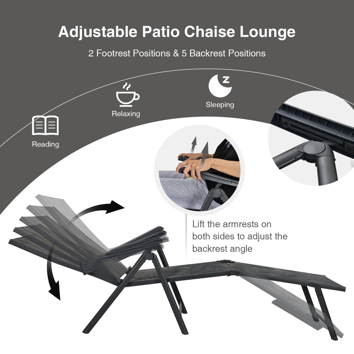 Set of 2 Folding Sling Chaise Lounges with Tri Fold Frames, Gray