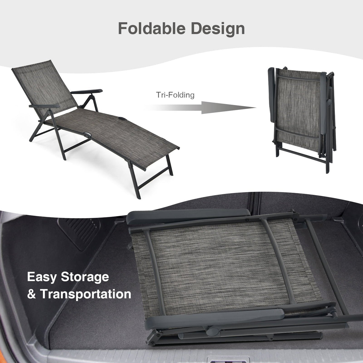 Set of 2 Folding Sling Chaise Lounges with Tri Fold Frames, Gray