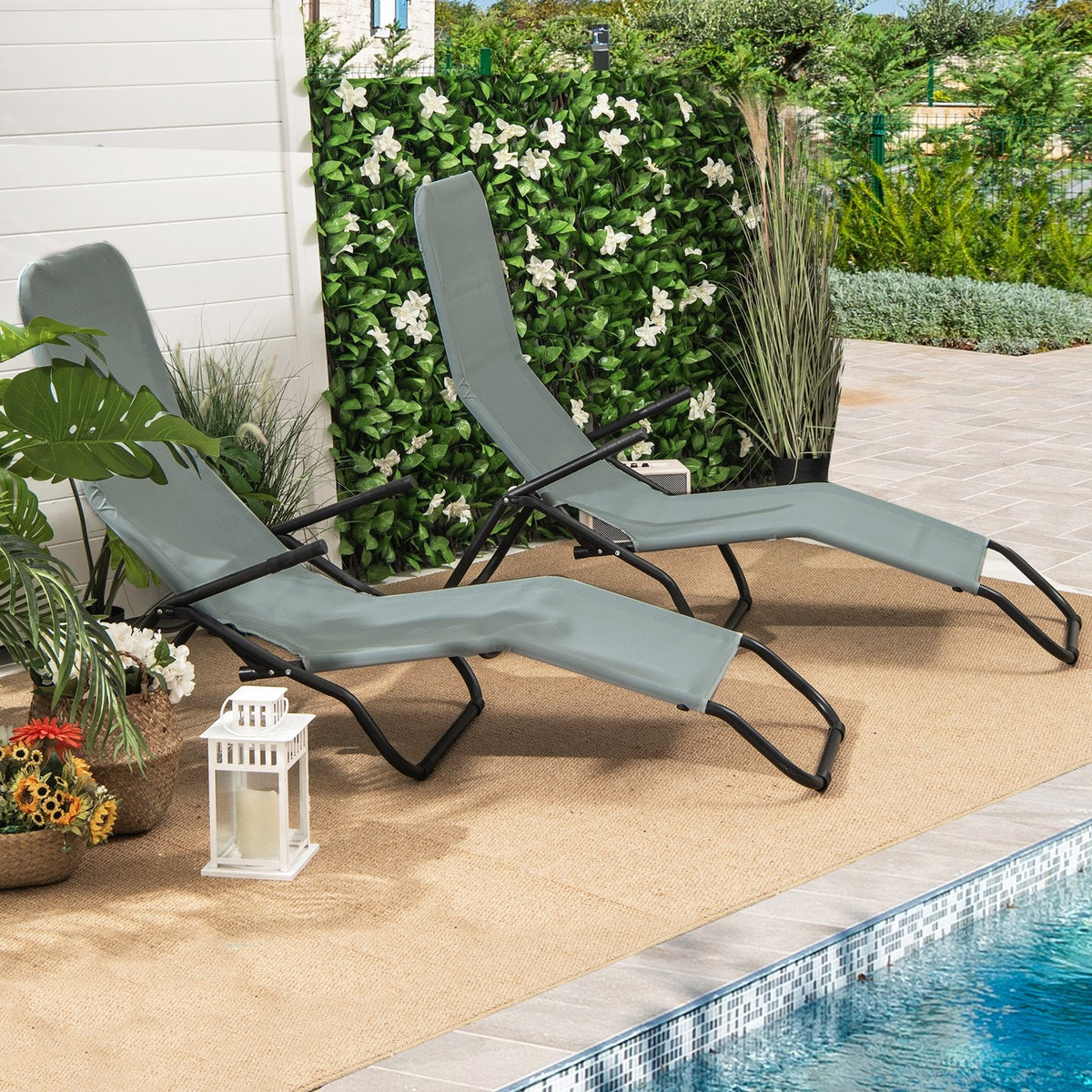 Set of 2 Folding Rocking Chaise Loungers with Non Slip Handles, Light Green
