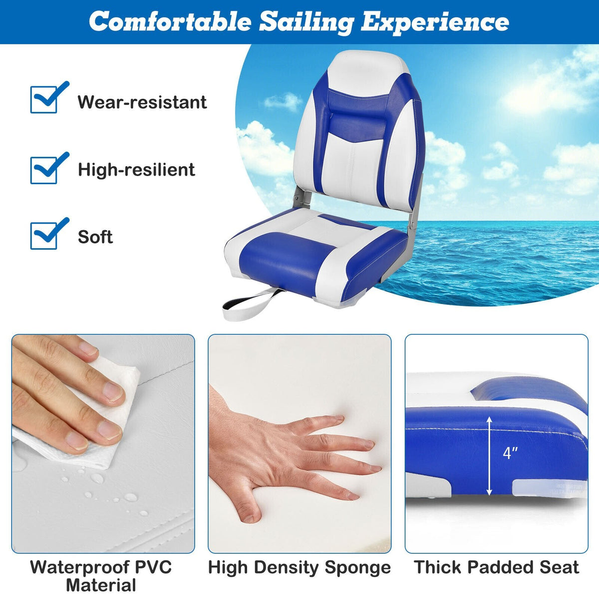 2 Pieces High Back Folding Boat Seat Set with Sponge Cushion-Blue