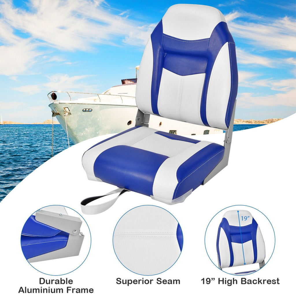 2 Pieces High Back Folding Boat Seat Set with Sponge Cushion-Blue