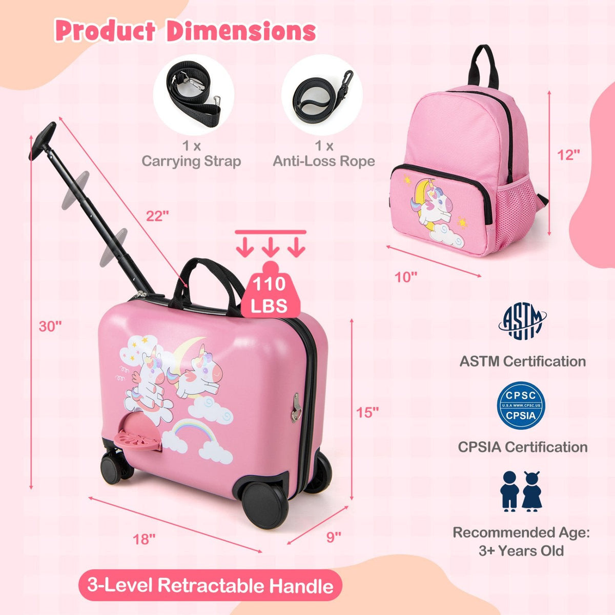 2 Pieces Kid Luggage Set with Spinner Wheels and Aluminum Handle-Pink