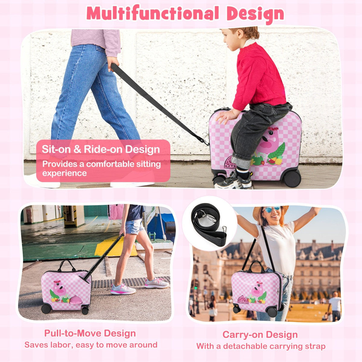 2 Pieces Kid Luggage Set with Spinner Wheels and Aluminum Handle-White & Pink
